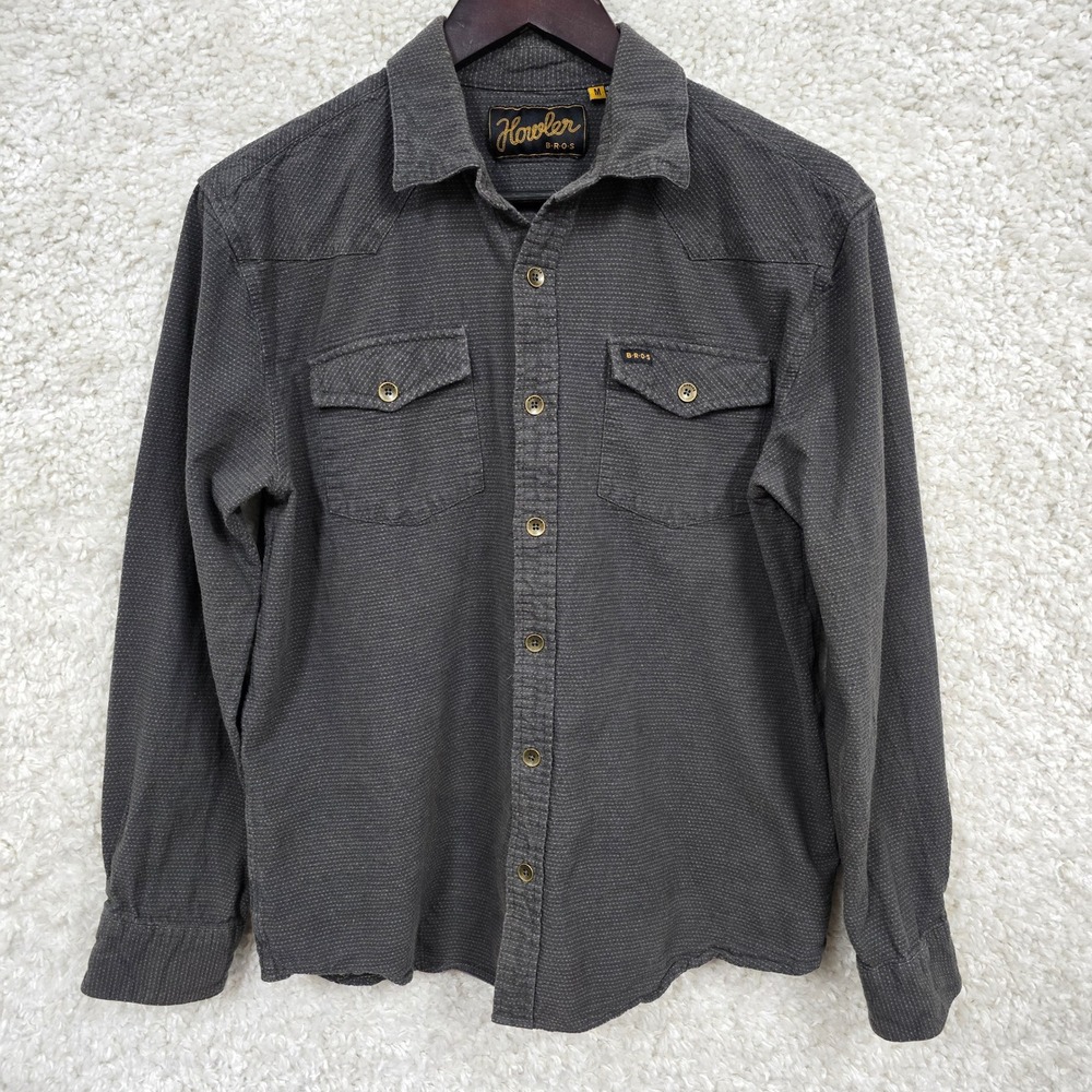 Howler Brothers Gaucho Western Shirt Mens Medium Charcoal Grey Micro Dot Cotton
